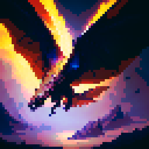 Fiery dragon with shimmering scales, wings spread wide as it soars through a cloudy sky, spewing flames from its monstrous jaws with a backdrop of a mystical kingdom in a fantasy RPG style