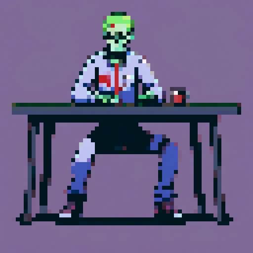 Zombie, detached limbs, pixel art, sRGB, laying on table, looking at camera