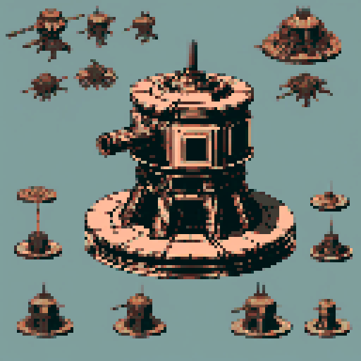 I want a copper structure reminiscent of the base of a gun turret, seen from a head on two dimensional perspective. The design should be relatively simple. I also want this object usable as an asset in a videogame, meaning only one object per image, outlined with a strong black stroke, on a solid-color background.