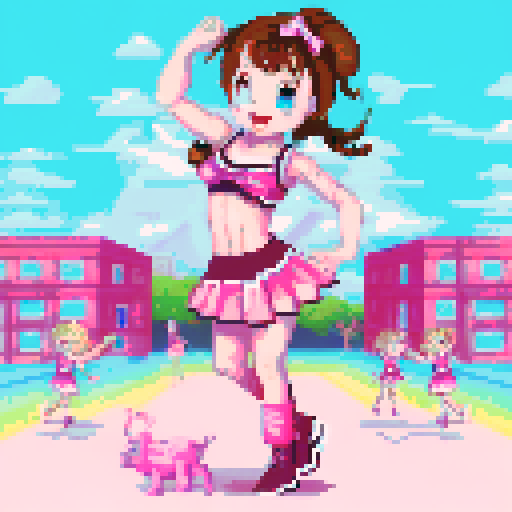 Girl with pink pigtails, cheerleader outfits, dancing, meat flying, rainbow, sRGB, pixel art, background, landscape