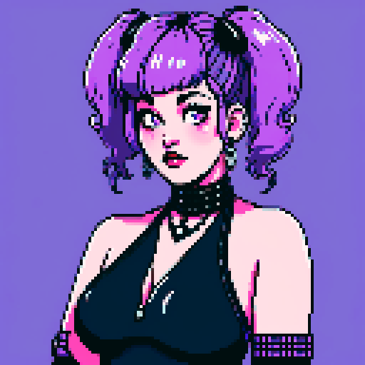 Face Portrait of Thicc, curvy, busty goth babe with studded collar, long purple hair in buns, fishnet stockings, studded halter top, pixel art, sRGB.