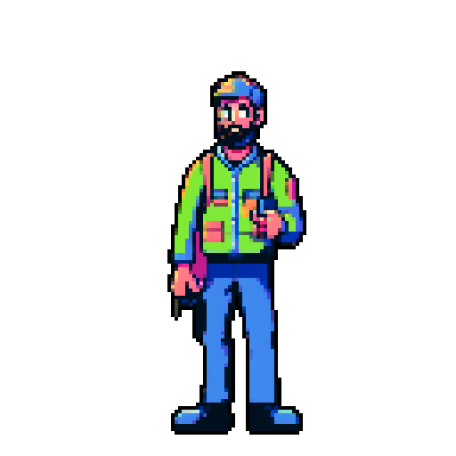 young, bearded male warehouse worker, Amazon Germany, pixel art, sRGB, busy picking and organizing packages, vibrant colors, retro aesthetic, stacks of boxes, conveyor belts, barcode scanners, robotic arms, high-tech machinery, bustling atmosphere, pixelated Amazon logo, fluorescent lighting, dynamic movement, pixelated barcode labels