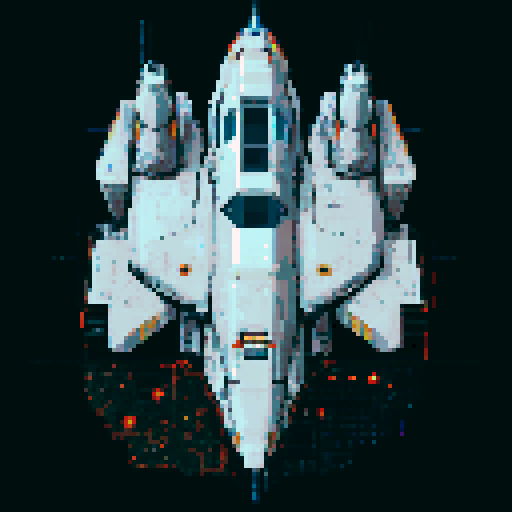 2d Spaceship in empty space, metallic exterior, retro aesthetic, pixelated details,blinking lights, wireframe outlines, geometric shapes, low-resolution textures, pixel art style, sRGB color space View from above.  For a spaceship designed for stealth or reconnaissance missions, use dark grays, deep blues, and black, with minimal highlights in red or orange for the thrusters and running lights. This palette suggests a more militaristic or secretive function.