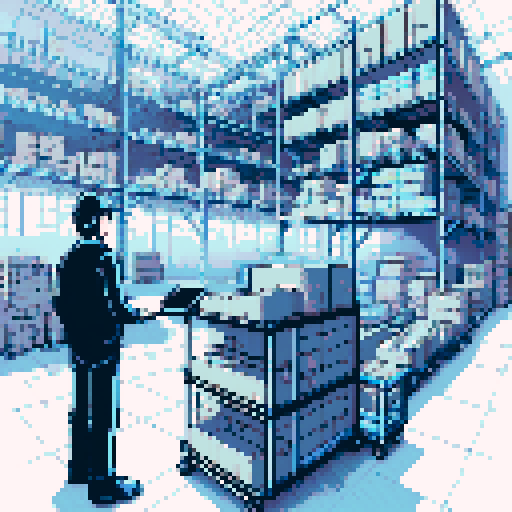 warehouse workstation with a conveyor belt and trolley filled with boxes, pixelated details, vibrant sRGB colors