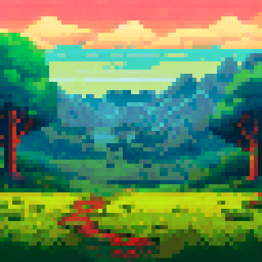 Topdown, vibrant green grass, rolling hills, soft shadows, pixelated trees, clear blue skies, distant mountains, sRGB palette, detailed textures, immersive background, expansive landscape