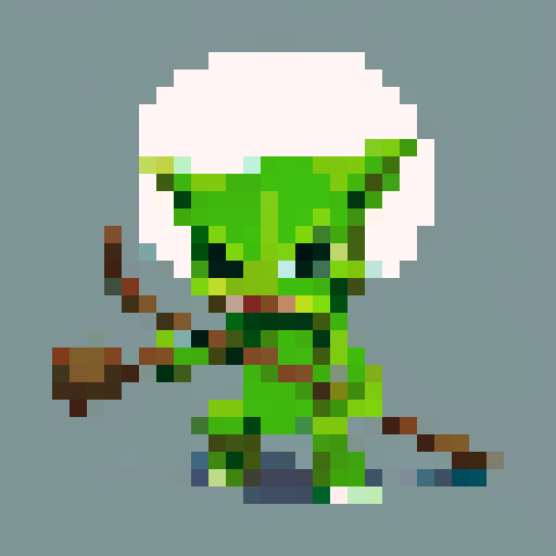 A small, green-skinned humanoid creature with pointy ears, sharp teeth, and a crude wooden club. It wears ragged clothes and has a mischievous expression on its face.
