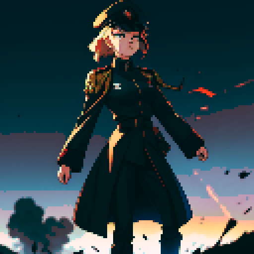 full-body image, military general woman, black uniform, black hat, evil, facing left, ready to fight, war background, battlefield, warfare