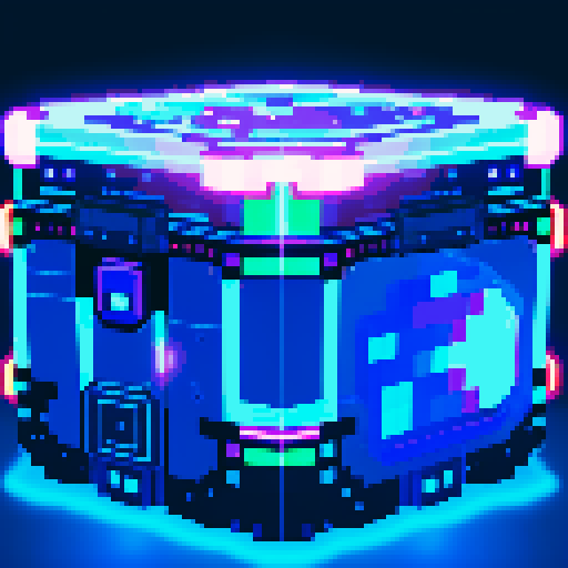 futuristic bulky lootbox, glowing buttons, intricate details, space stars galaxy glow, pixel art style