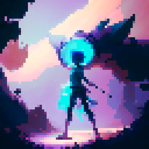 Young Pokemon trainer with vibrant colored hair, wielding a magical staff, standing on a moss-covered bridge in a mystical forest, surrounded by whimsical creatures and glowing orbs, in blue and red neon lights.