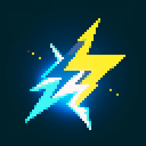 simple, clean, minimalistic, lightning magic, electricity, power, strong lines, lightning bolts, sparks, electric currents, vibrant yellow, vibrant blue, easily recognizable, visually appealing, pixel art, sRGB, icon