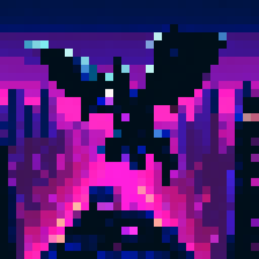 Bat creature, with dark wings spread wide, soaring through a neon-lit cityscape at midnight, casting pixelated shadows on the sRGB buildings below