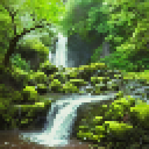 Lush greenery surrounds a powerful and serene majestic waterfall, portrayed in a landscape portrait with vibrant colors and intricate details.