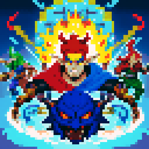 Eight characters with unique features, portrayed as vibrant game icons in pixel art style, showcasing their distinctive traits and personalities: fiery-haired warrior, mysterious cloaked wizard, agile acrobat with a mask, mechanical cyborg with glowing eyes, ethereal elf with flowing hair, fierce fanged beast, armored knight with a shield, and a mischievous jester with a jingling hat