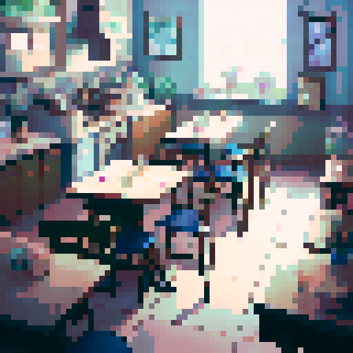 busy city cafe interior, winter cold, crowded tables, steaming cups, baristas brewing coffee, pixel art, sRGB