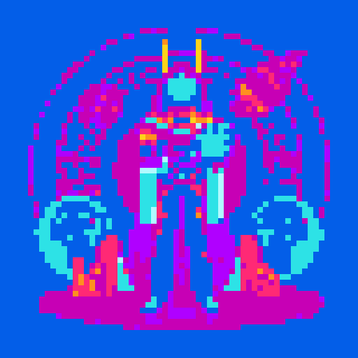 Alien character with a futurisic headdress, glowing eyes, and hieroglyphic tattoos, holding a raygun, standing in a vibrant galaxy filled with colorful planets and stars, surrounded by futuristic UFOs and ancient Egyptian and Sumerian inspired architecture, invading earth, loveing bitcoin very very much, all depicted in high quality pixel art using the retro sRGB color palette, retrowave style, showcasing intricate details and bold, stylized compositions