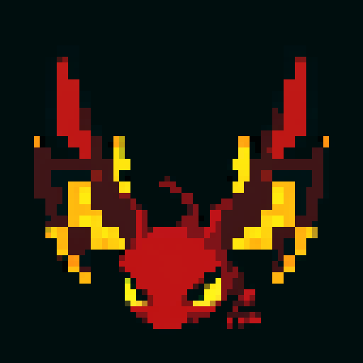 A fiery demonic creature with flames flickering on its body, larger wings, and glowing red eyes. It emits a faint glow and has a sinister expression. No background.