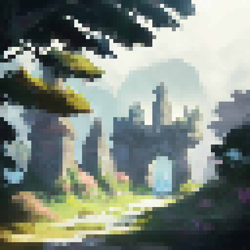 Mystical ruins surrounded by ominous trees, shrouded in a blue mist, with a towering castle in the distance, all depicted in a dark, atmospheric, and highly-detailed fantasy RPG concept art style.
