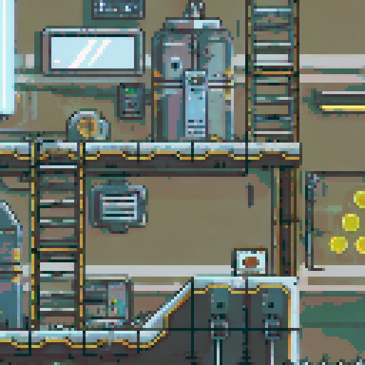 run-down, apocalyptic atmosphere, pixel art, inside of a Futuristic robot factory, sRGB, pixel art, background, landscape, dilapidated machinery, sparks flying, smog-filled air, towering metal structures, cracked concrete floors, flickering neon lights, rusted conveyor belts, broken windows, shattered glass, discarded robot parts, overgrown vines, eerie shadows, abandoned control panels