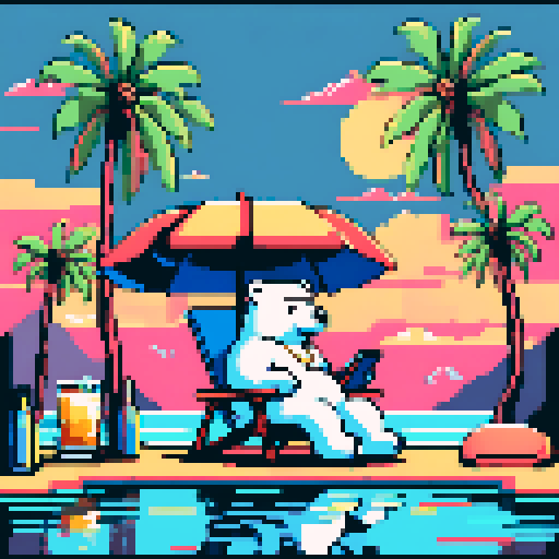 "An 8-bit pixel art of a polar bear relaxing on a tropical beach. The bear, wearing gold chains, sunglasses, and a straw hat, lounges on a reclining chair under a colorful umbrella. A tablet displaying cryptocurrency charts rests on a small table beside a drink and stacks of crypto coins. The scene features pixelated waves, palm trees, and a glowing sunset, blending a laid-back vibe with flashy crypto wealth."