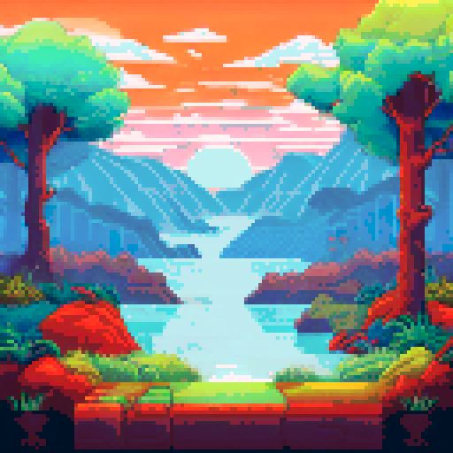 a serene landscape of trees and water, and a sunrise. use of colors of red blue yellow and green.