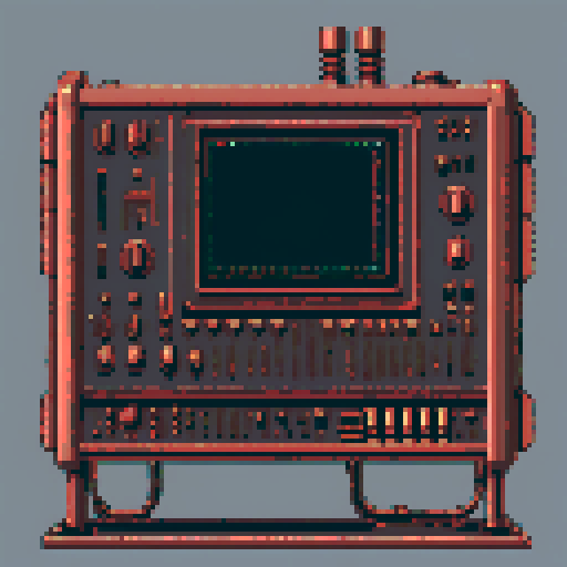 Make me a big rusty copper machine console/interface. I want the screen to take up 90% of the image.