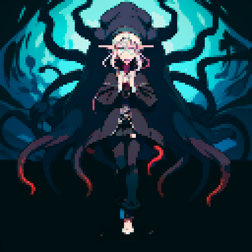 eldritch being, tentacles writhing, full body floating, brain pulsating, many eyes staring, eyeballs bulging, sRGB pixel art