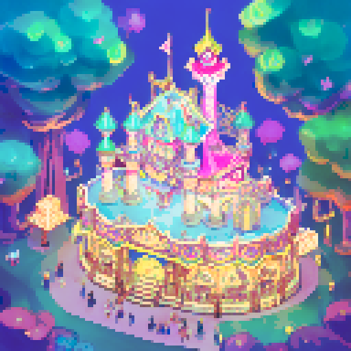 wide shot amusement park, vibrant colors, bustling crowds, whimsical carousel, towering roller coaster, neon signs, ferris wheel in motion, candy-colored stalls, swirling cotton candy, children with balloons, animated characters, pixelated fireworks illuminating the night sky, pixel art style