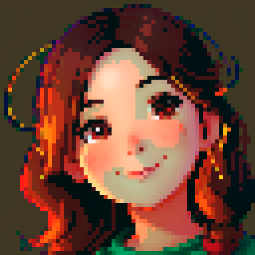 stardew valley-inspired, woman, asian, pixel art, sRGB, vibrant colors, rustic backdrop, dark hair, glowing skin, gentle smile, rosy cheeks