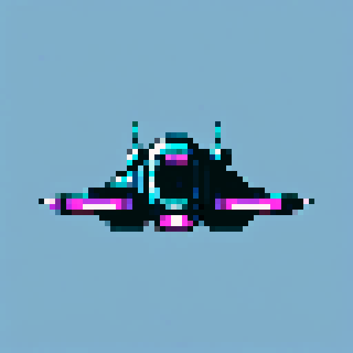 16-bit pixel art spaceship, small blocky silver hull with a few rust spots, glowing cyan engines at the back, flying fast left-to-right with a long, thin cyan-magenta hyperspace trail streaming behind, simple black starry background, SNES retro style, 64x64px grid, limited 8-color palette, sharp pixel edges, minimal detail


