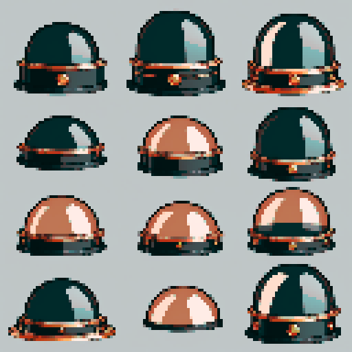 I want a rounded transparent glass half-dome with copper trim and copper rivets around the bottom edge. I want this object usable an asset in a videogame, meaning only one object per image, outlined with a strong black stroke.