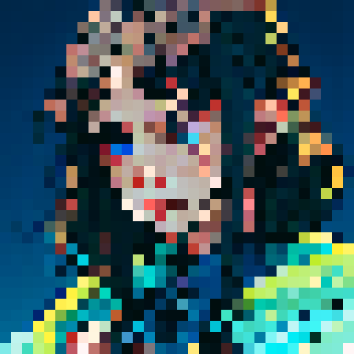 western style, simplified, portrait avatar, woman with shoulder length dark hair, looking at the camera, blue palette, close up, sRGB, pixel art