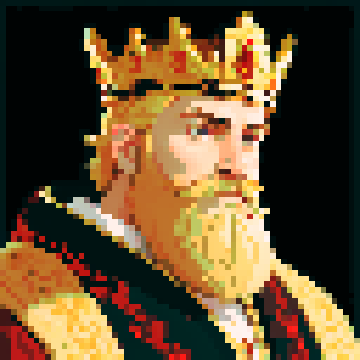 king, regal, crown, majestic, stoic expression, sharp features, royal robe, intricate embroidery, game icon, sRGB, skill art, close up, portrait, detailed beard, blonde, pixel art, sRGB