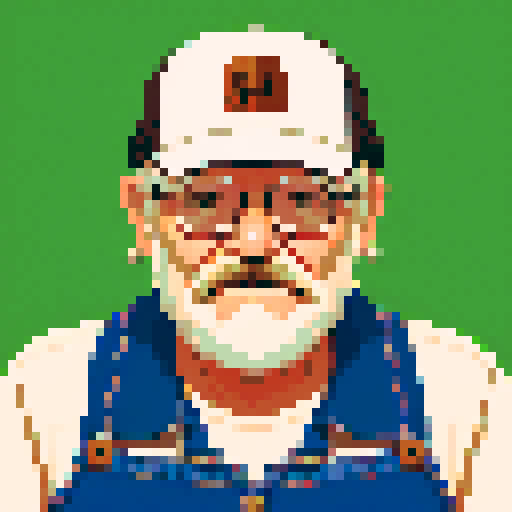 portrait, sprite art, old man, store clerk, rustic, soft eyes, trucker, smoker