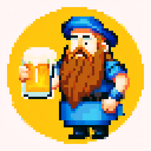 tall bearded man, big nose, wizard costume, frothy beer, pixel art
