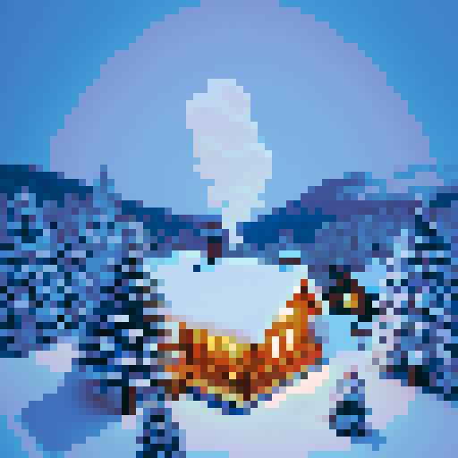 snow-covered cabin, surrounded by tall pine trees, smoke rising from the chimney, warm glow radiating through the frost-covered windows, icicles hanging from the roof, chimney bricks made of pixel art, cozy atmosphere, pixelated smoke wafting from the chimney, no background png. Top down view from game