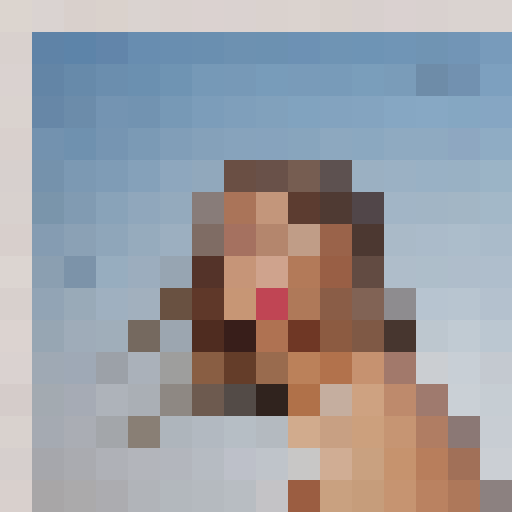 Taylor Swift with beach waves on the cover of the album "1989 (Taylor's Version)", wearing a retro white bikini, against a vibrant blue sky backdrop, capturing a close-up portrait in the style of a 16x16 game icon