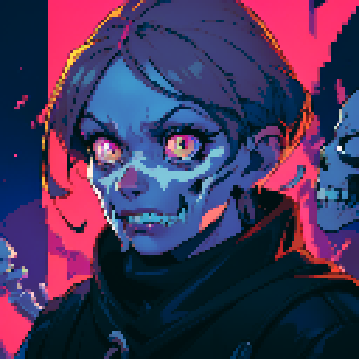 sRGB, pixel art, skeleton face with hollow eyes, cracked teeth, and intricate bone patterns