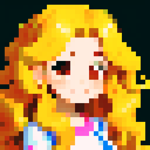 cute female, luscious wavy long hair, brown eyes, bright smile, fair skinned, cheerful disposition, pixel art, sRGB