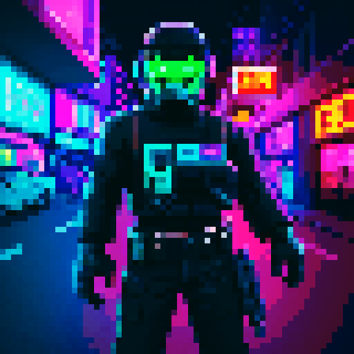Bounty hunter, rugged and determined, with a pixelated visage and vibrant sRGB colors, brandishing a futuristic blaster, against a backdrop of neon-lit cityscape and flickering shadows