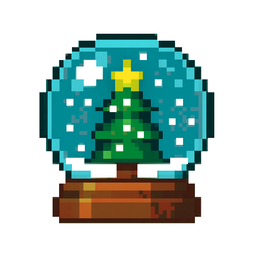 “Create a Winterfest-themed Growtopia-style snow globe item. Use true Growtopia pixel-art style: small pixel sprite, crisp edges, dark but slightly tinted outlines, and simple 2–3 shade color ramps. Add the signature Growtopia glossy highlight—small bright specular spots where the light hits the glass dome and the base. Inside the globe, include tiny falling snow particles and a festive Winterfest detail, like a mini fir tree or gift box. No blur, no anti-aliasing, pixel-perfect, transparent bac