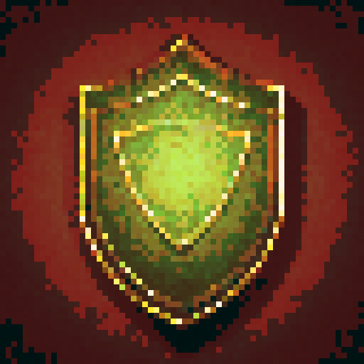 fantasy pixel art shield, two engrailed top, elaborate metallic gold edge, solid wooden field, solid black background, sRGB style