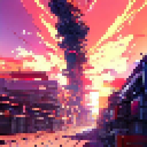 Vibrant hues burst from the towering Industrial Cannon in this Anime-inspired scene.