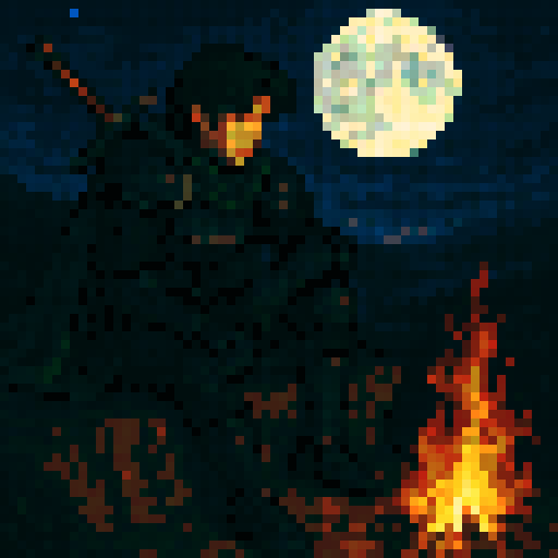 Medium length dark brown hair man, dark black armor, dark green cloak, sitting cliff edge, sword shoulder, nighttime campfire light, full moon, Fire Emblem.