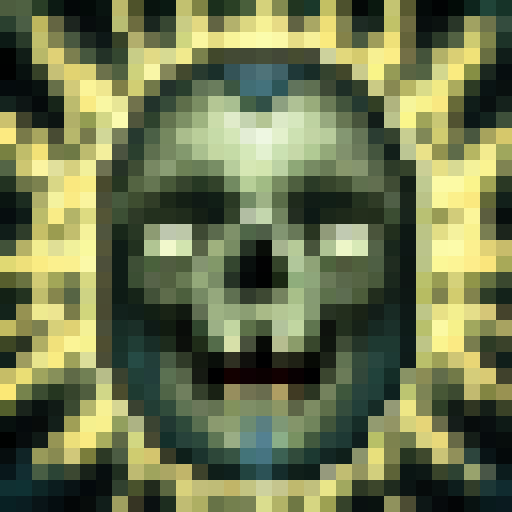 "Create a hauntingly detailed 24x24 game icon of a skull, featuring piercing red eyes and executed in skillful 32x32 pixel art style, to be rendered in sRGB color space and presented in an intimate close-up portrait."
