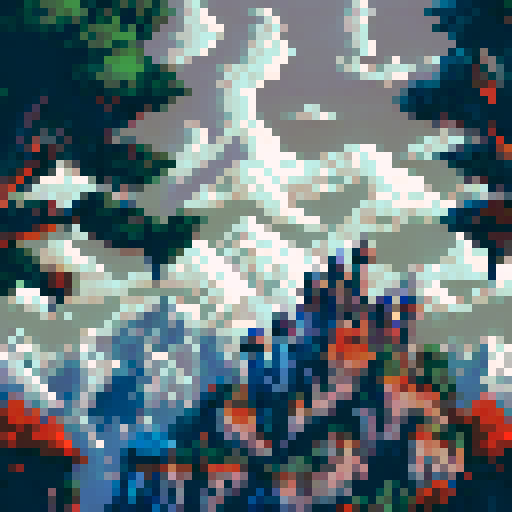 A towering, snow-capped mountain range stretches across the horizon, its jagged peaks piercing through the clouds, all in the vibrant hues of sRGB, set against a pixel art background of a serene and sprawling landscape