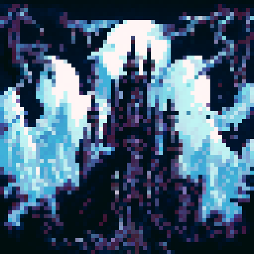 Dark, brooding landscape, Dracula's vampire castle, towering gothic spires, foreboding shadows, moonlit courtyard, gargoyles perched atop, swirling mist, ancient ivy-covered walls, blood-red sky, pixelated art, sRGB