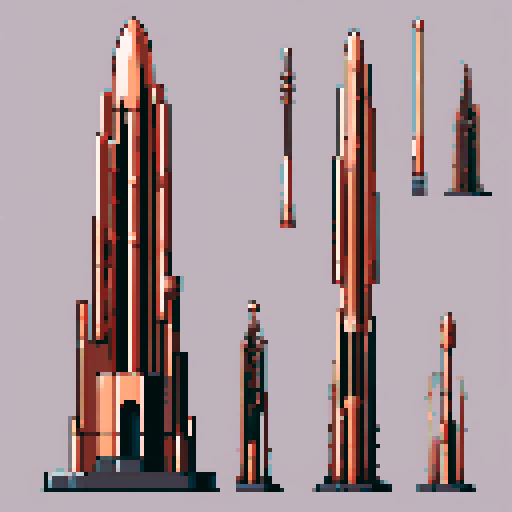 I want a tall vertical copper structure reminiscent of a organ pipe. It should have strange mechanical details that could interlock with each other. I also want this object usable an asset in a videogame, meaning only one object per image, outlined with a strong black stroke, on a solid-color background.