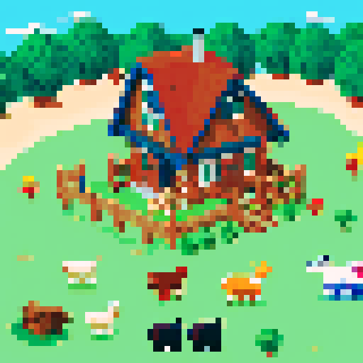 Seaside log cabin, family playing, farm animals