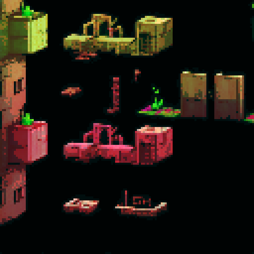 Create a tileset for an abandoned factory overrun by virus-infected animatronics that exterminated its human occupants. Depict decay, danger, and chaos with broken machinery, flickering lights, and remnants of the virus. Include damaged crates, shattered windows, ominous shadows, and viral traces. Use dark, desaturated tones for a foreboding atmosphere.