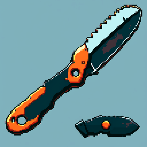 I want just the cutting blade of an chainsaw constructed out of copper and gems. I want this object usable an asset in a videogame, meaning only one object per image, outlined with a strong black stroke, on a solid-color background.